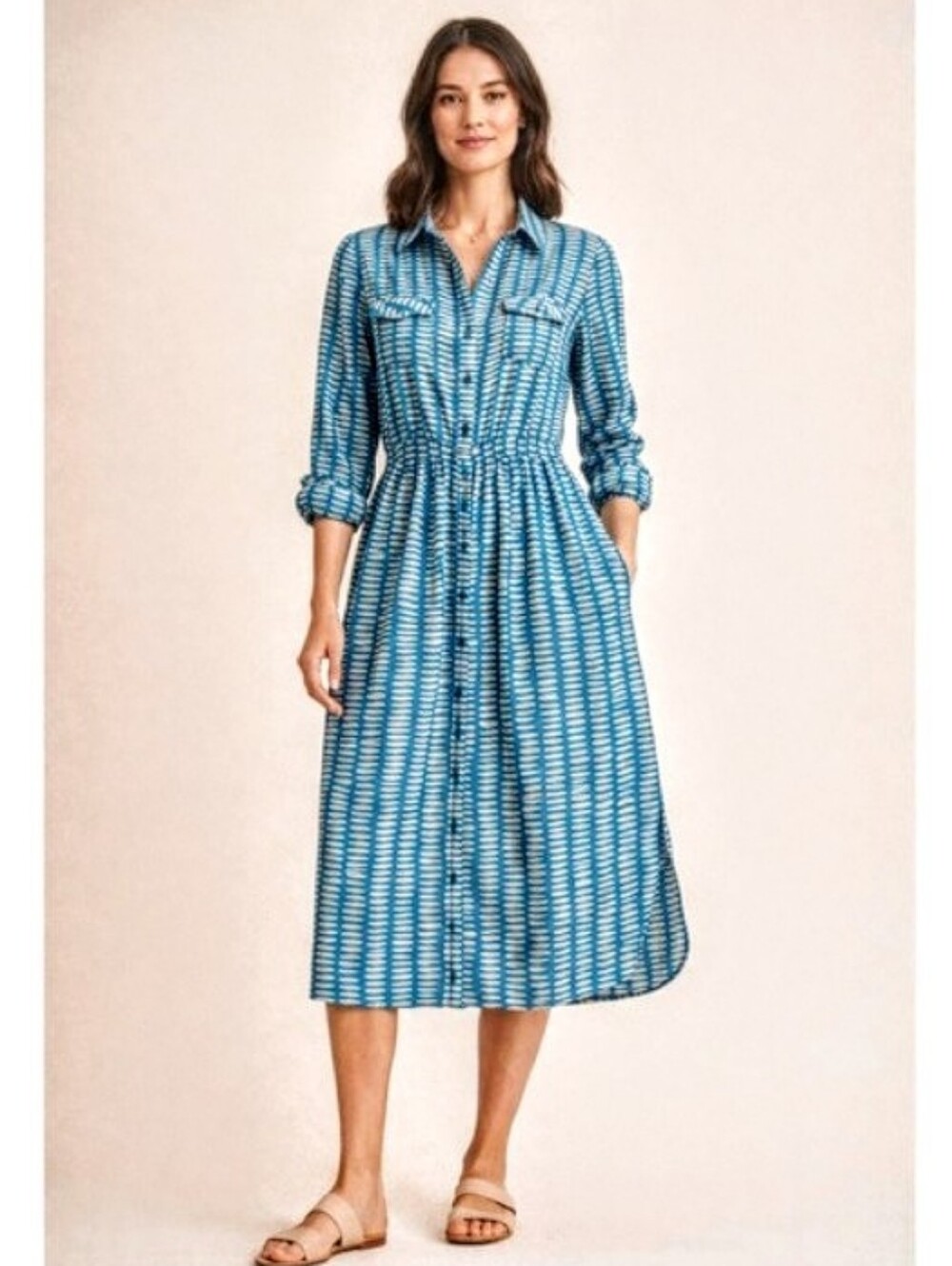 Maeve Anthropologie Blue White Geometric Print  Button-Front Shirt Dress sz 2